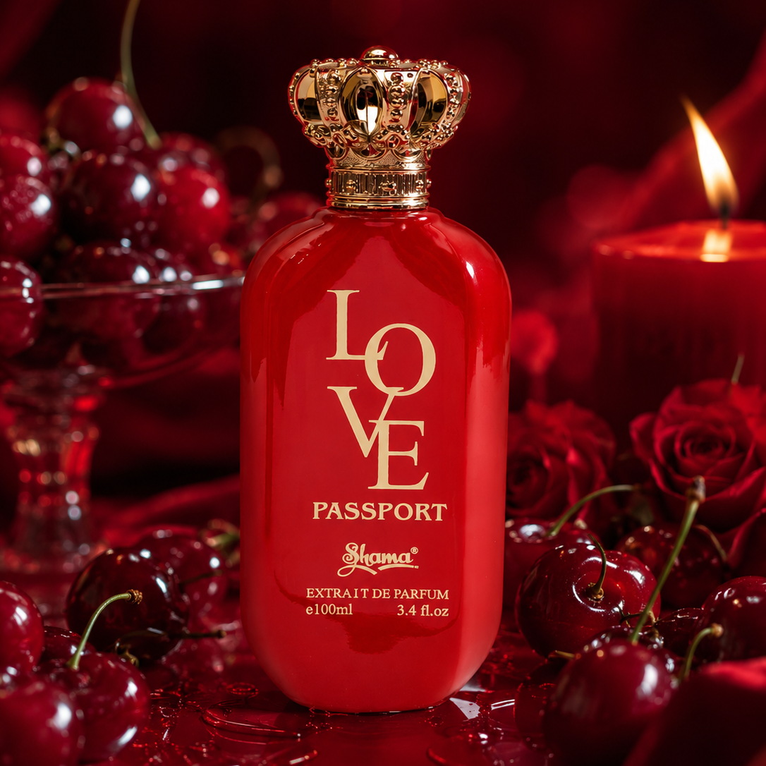 Red perfume bottle labeled 'LOVE PASSPORT' with cherries and a candle in the background